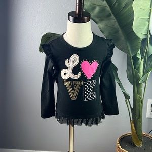 Toddler Girls Black Love Graphic Long Sleeve Shirt with Ruffle Detailing Size 3T